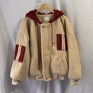 J.O.A Womens Faux Fur Medium Patched Pocket Zip Hooded Teddy Coat Fleece Beige